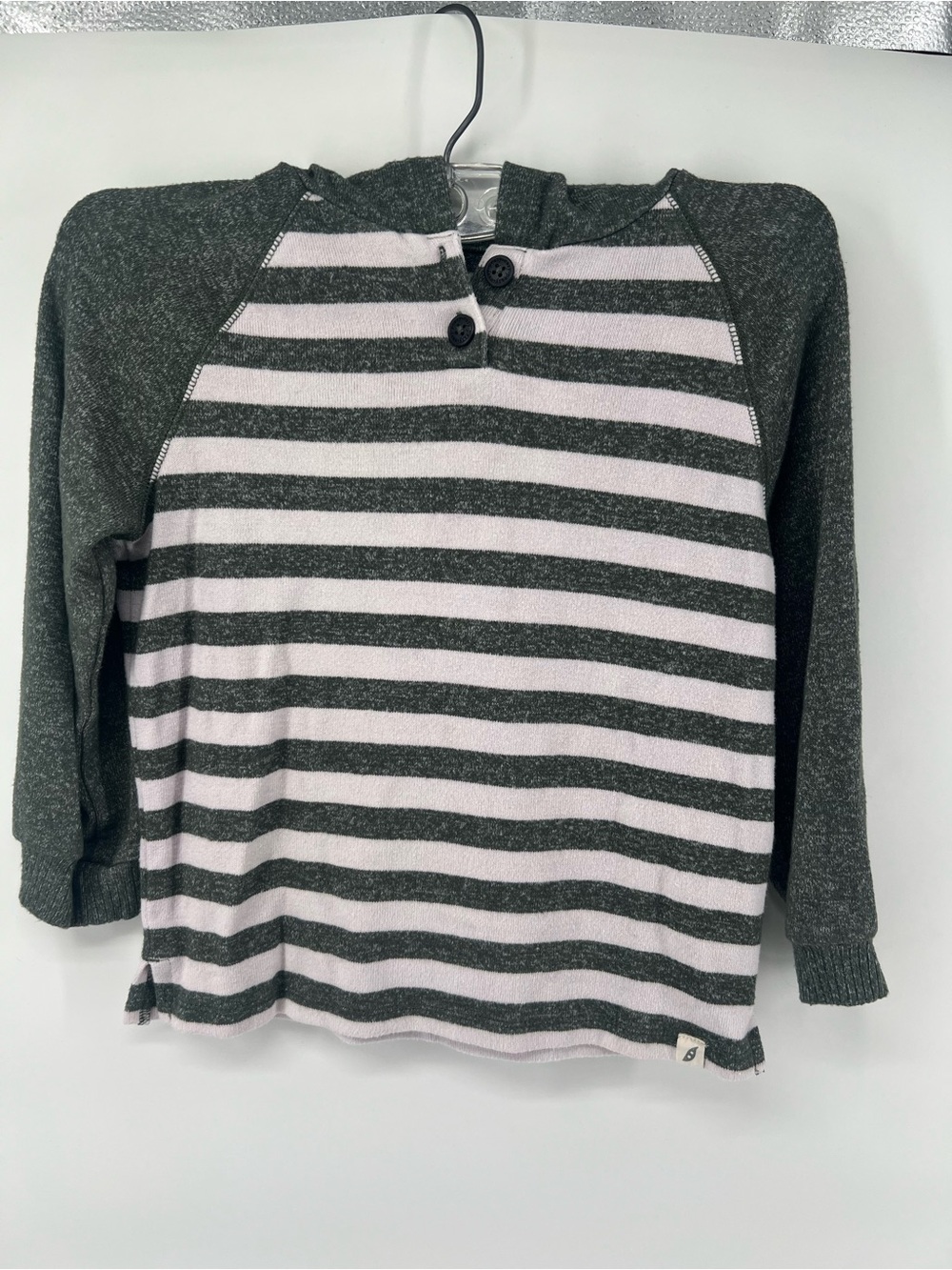 Easy Peasy soft sweater Hoodie, sage/ cream striped, 4T, 3 button front